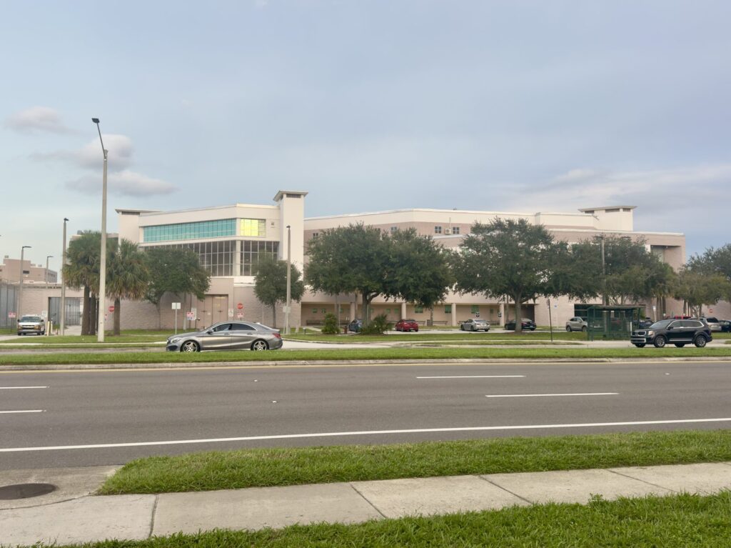 The Orange County Jail Booking and Release Center on S John Young Pkwy, straight across the road from the Bail 2 GO Orlando office